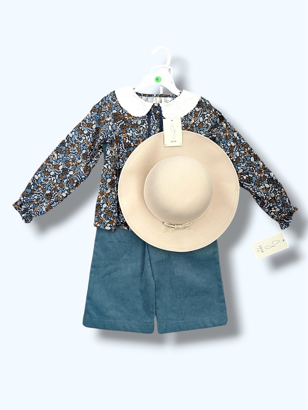 Joie Girls 3 Piece Floral Blouse Teal Corduroy Pants Wide Brim Hat Set 4T